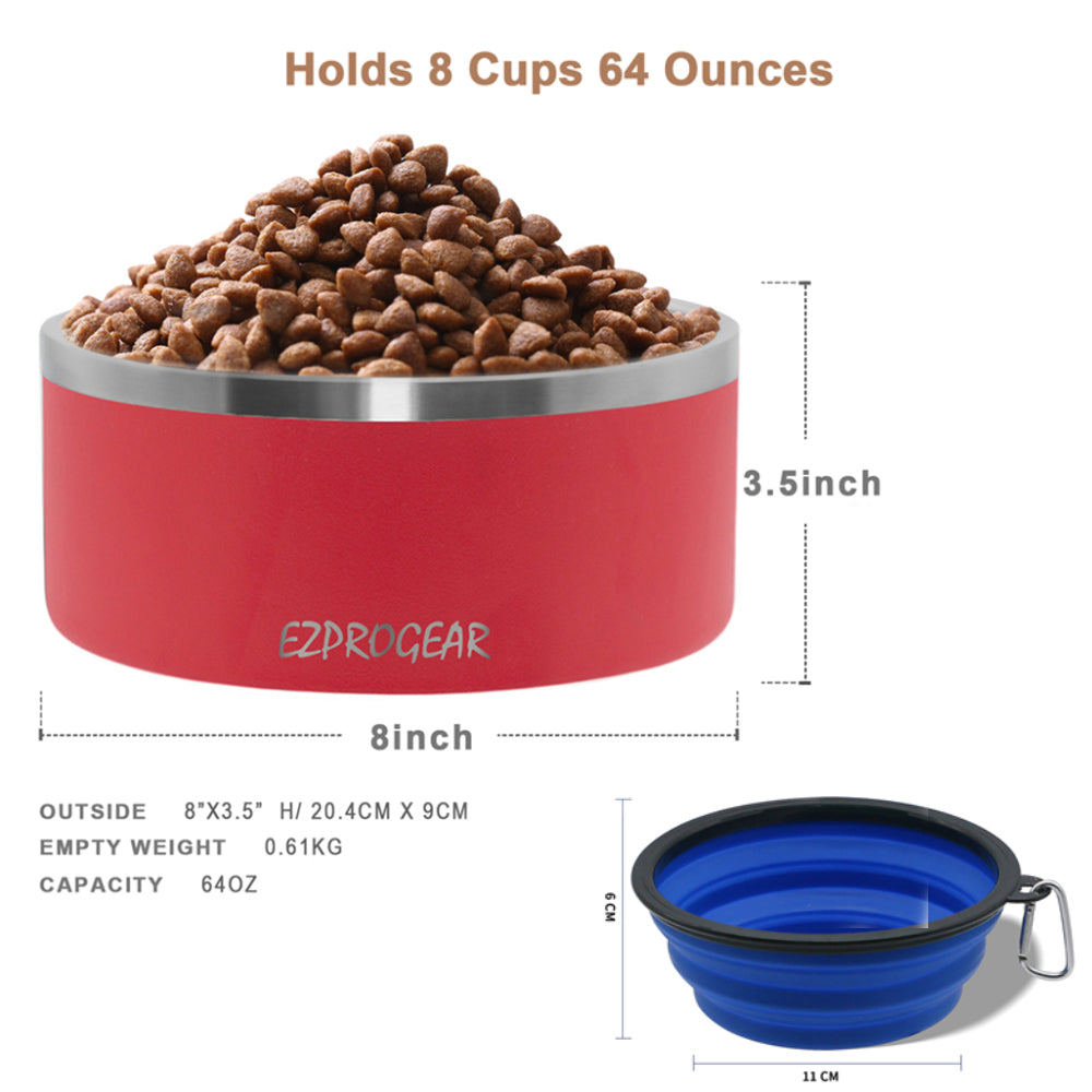 Ezprogear 64 oz Stainless Steel Dog Bowl - Double Wall Insulated Pet Bowl with Non-Slip Bottom & Collapsible Travel Bowl