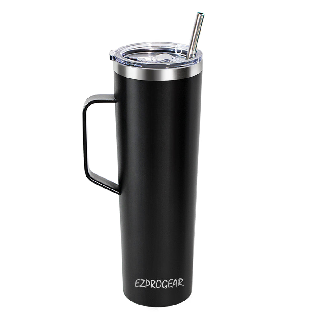 Ezprogear 34 oz Stainless Steel Slim Tumbler with Handle – Vacuum Insulated Travel Mug with Straws & Canvas Bag