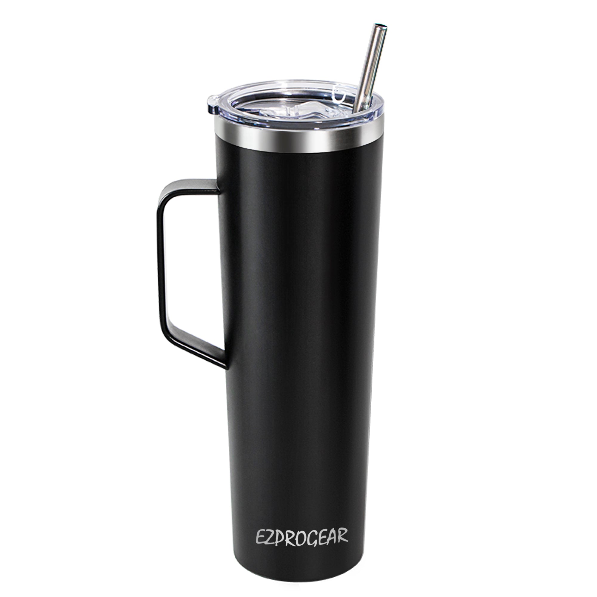Ezprogear 34 oz Stainless Steel Slim Tumbler with Handle – Vacuum Insulated Travel Mug with Straws & Canvas Bag