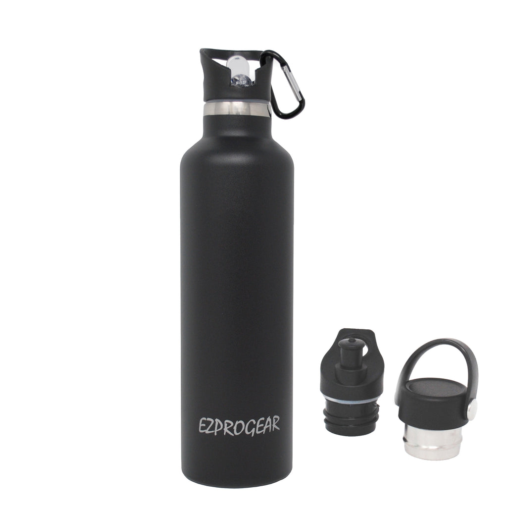 Ezprogear Sports Water Bottle 3 Lids 25 oz Stainless Steel Travel Portable Double Wall Vacuum Insulated Thermos Standard Mouth for hot and cold beverages (Black) EZ25WB-MBK
