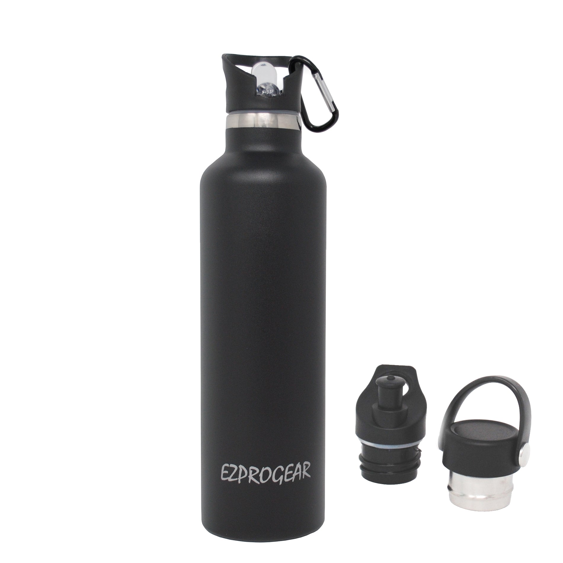Ezprogear Sports Water Bottle 3 Lids 25 oz Stainless Steel Travel Portable Double Wall Vacuum Insulated Thermos Standard Mouth for hot and cold beverages (Black) EZ25WB-MBK