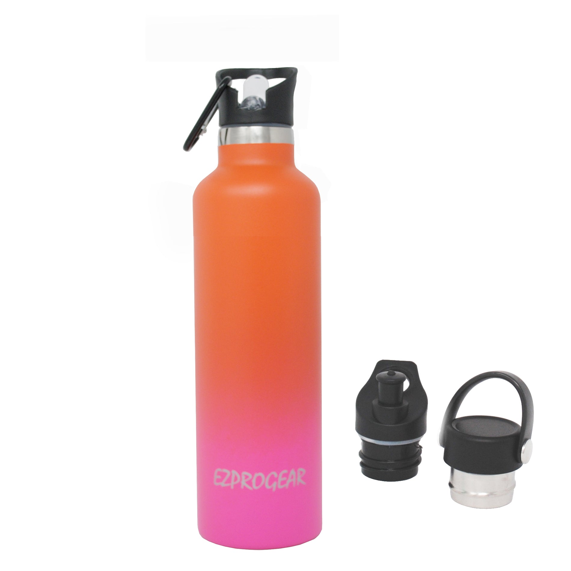 Ezprogear Sport Water Bottle 3 Lids 25 oz Stainless Steel Travel Portable Double Wall Vacuum Insulated Thermo Standard Mouth (Orange & RosePink) EZWB25-ORP