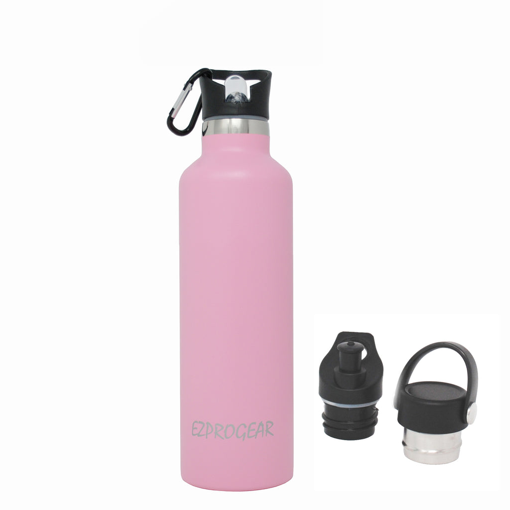 Ezprogear Sport Water Bottle 3 Lids 25 oz Stainless Steel Travel Portable Double Wall Vacuum Insulated Thermo Standard Mouth (Pink) EZ25WB-LPK