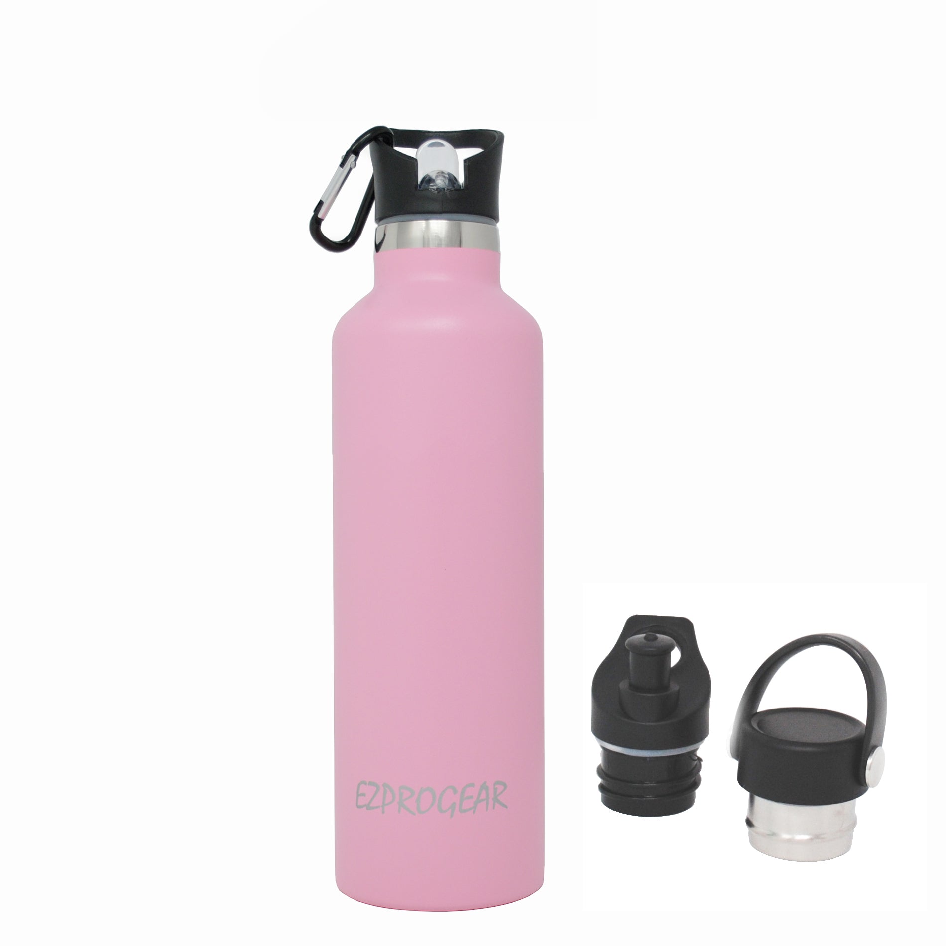 Ezprogear Sport Water Bottle 3 Lids 25 oz Stainless Steel Travel Portable Double Wall Vacuum Insulated Thermo Standard Mouth (Pink) EZ25WB-LPK