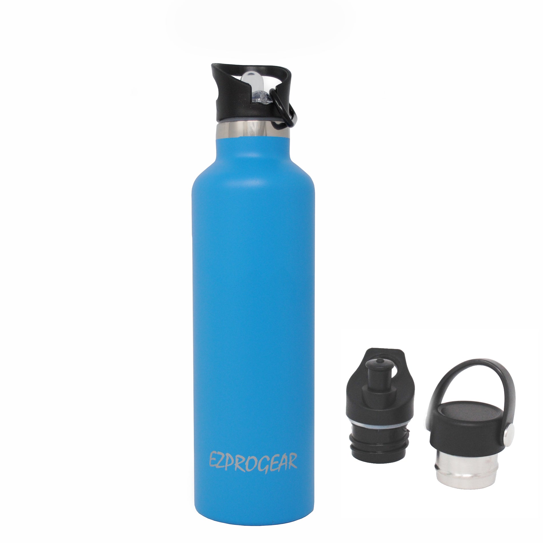 Ezprogear Sport Water Bottle 3 Lids 25 oz Stainless Steel Travel Portable Double Wall Vacuum Insulated Thermo Standard Mouth (Sapphire) EZ25WB-SoftBL