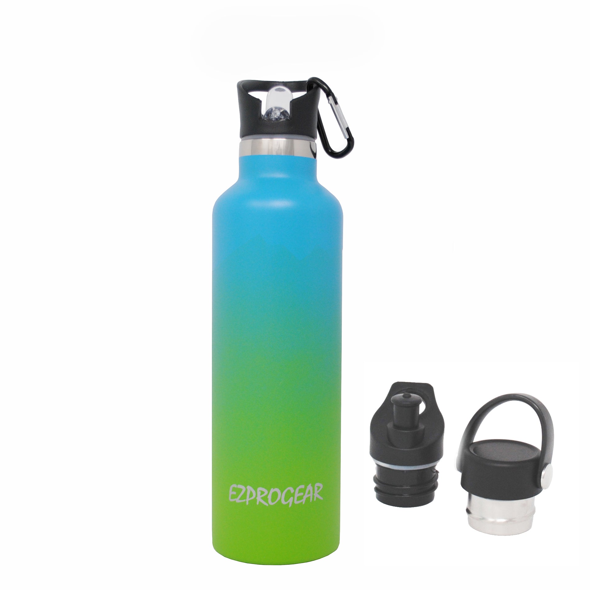 Ezprogear Sports Water Bottle 3 Lids 25 oz Stainless Steel Travel Portable Double Wall Vacuum Insulated Thermos Standard Mouth (Sapphire/Green) EZ25WB-SBG