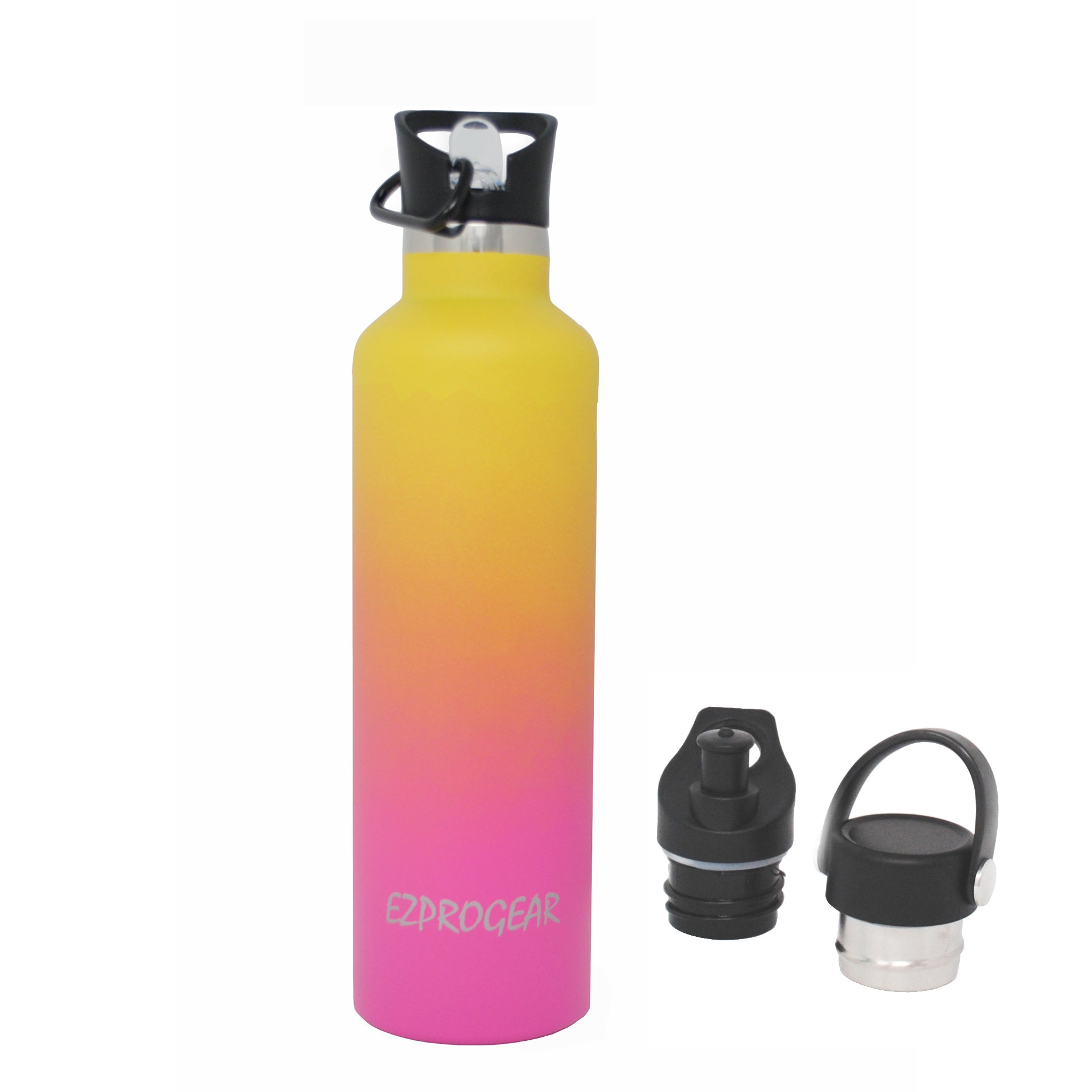 Ezprogear Sport Water Bottle 3 Lids 25 oz Stainless Steel Travel Portable Double Wall Vacuum Insulated Thermo Standard Mouth (Yellow/RosePink) EZ25WB-YRP