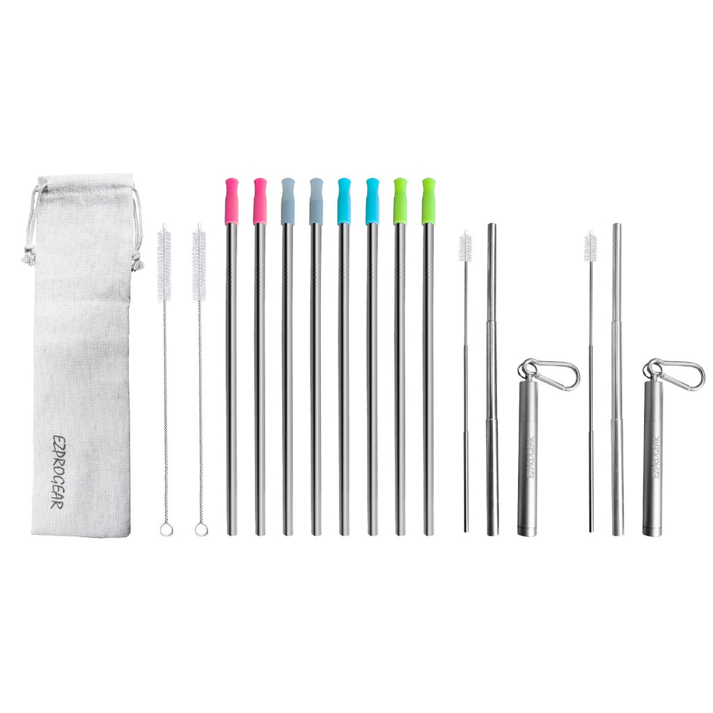 Ezprogear Reusable Stainless Steel Straws with Silicone Tips – 10 Pack (2 Collapsible + 8 Long)