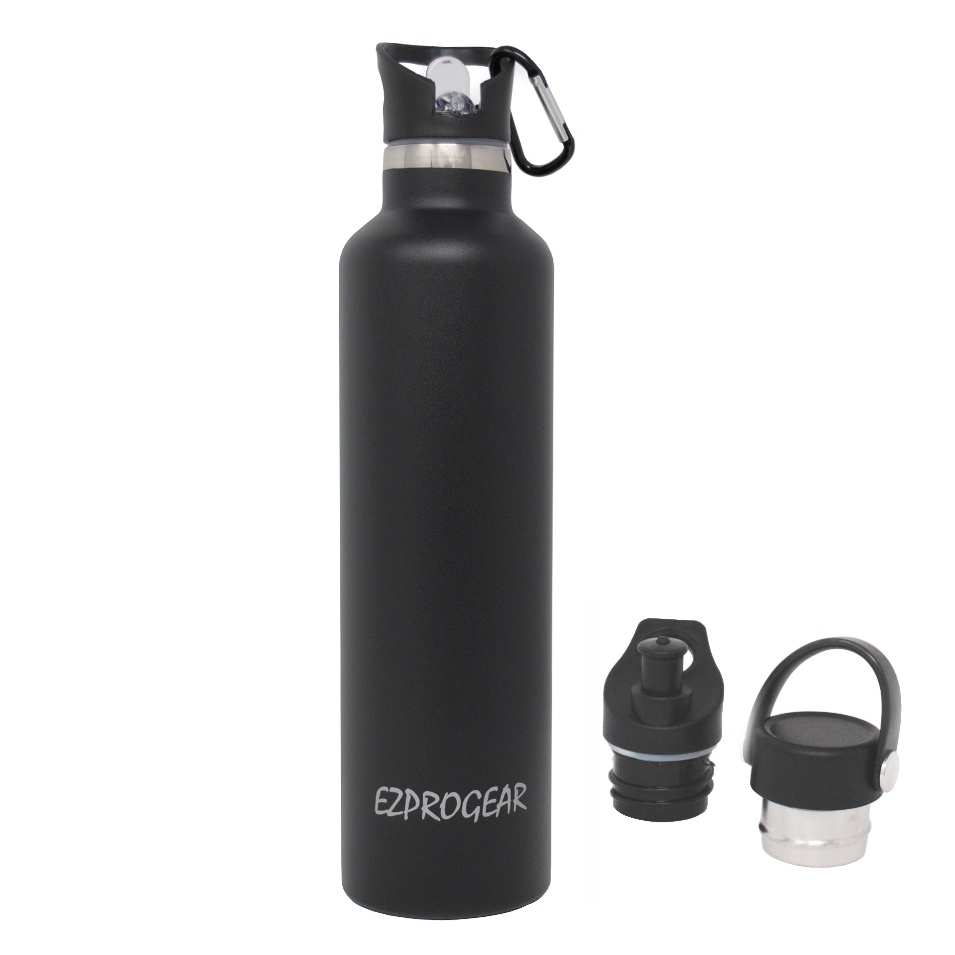Ezprogear Sports Water Bottle 3 Lids 34 oz Stainless Steel Travel Portable Double Wall Vacuum Insulated Thermos Standard Mouth (Black) EZ34WB-MBK