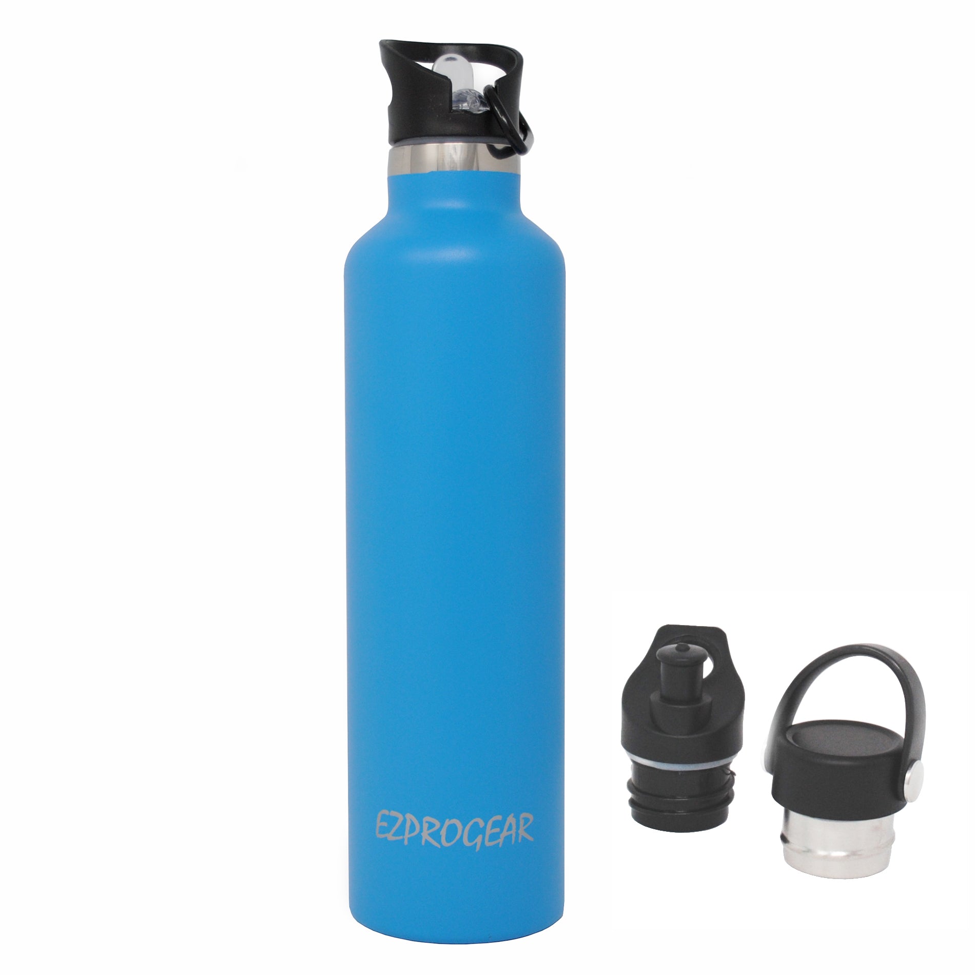 Ezprogear Sport Water Bottle 3 Lids 34 oz Stainless Steel Travel Portable Double Wall Vacuum Insulated Thermo Standard Mouth (Sapphire) EZ34WB-SoftBL