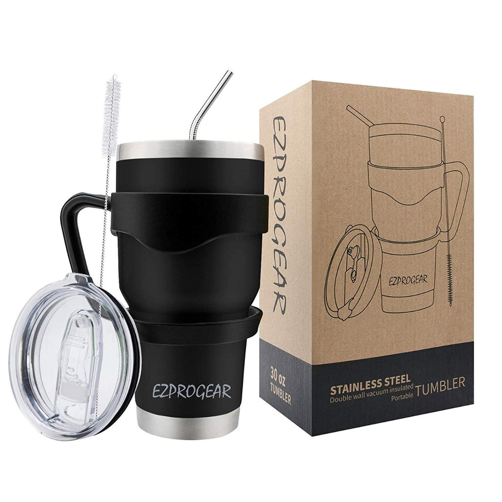 Ezprogear 30 oz Black Stainless Steel Tumbler Double Wall Vacuum Insulated with Straws and Handle