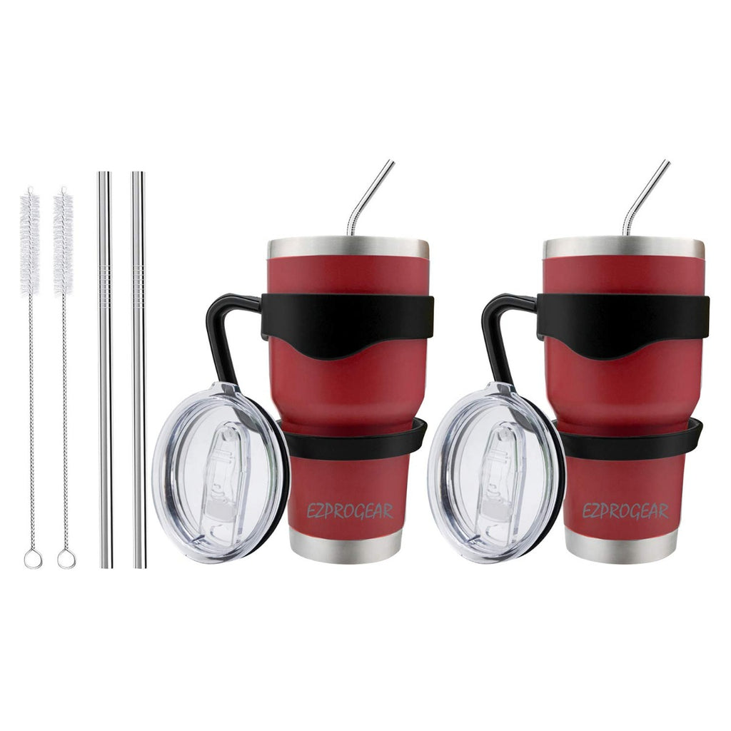 Ezprogear 30 oz Cherry Stainless Steel Tumbler 2-Pack – Double Wall Vacuum Insulated Travel Mug with Handle, Straws & Slider Lid