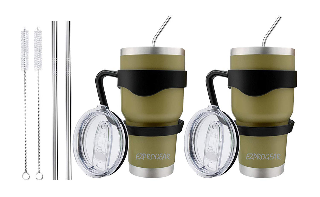 Ezprogear 30 oz Olive Green Stainless Steel Tumbler 2-Pack – Double Wall Vacuum Insulated Travel Mug with Handle, Straws & Slider Lid