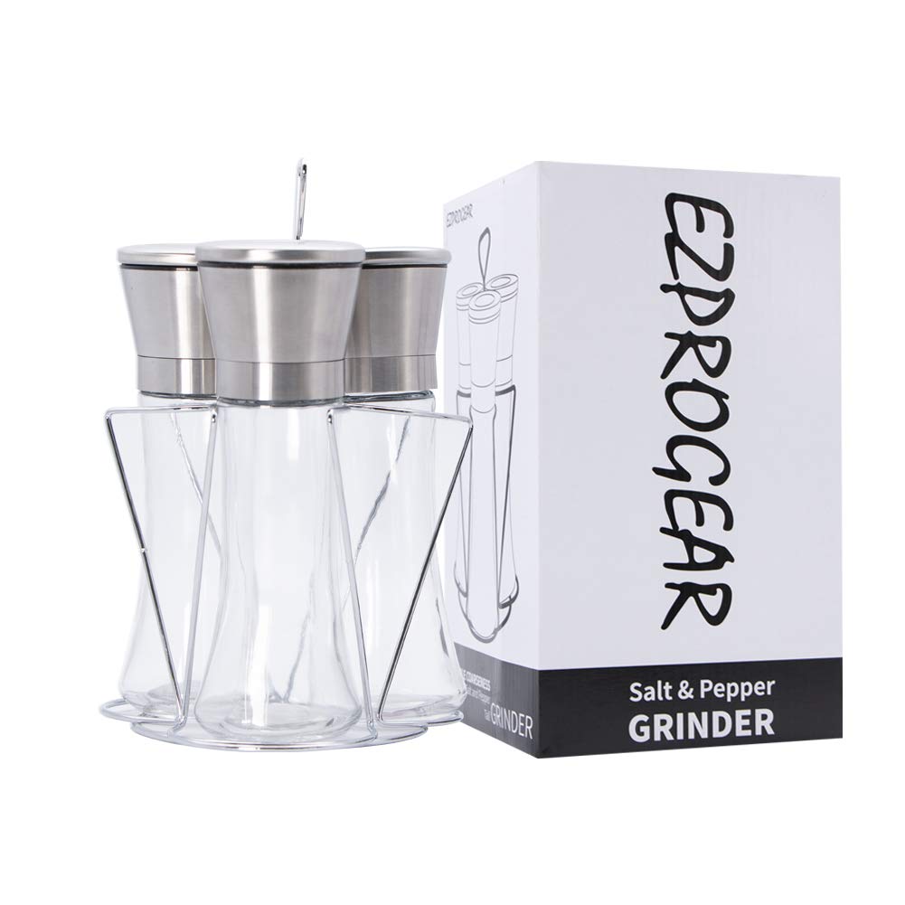 Ezprogear Salt and Pepper Grinder Set of 3 - Adjustable Ceramic Mill with Stand