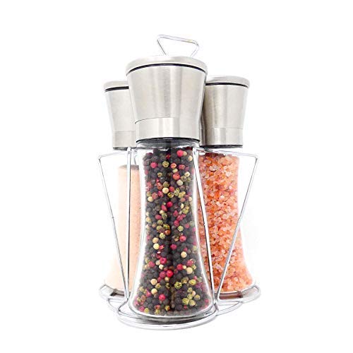 Ezprogear Salt and Pepper Grinder Set of 3 - Adjustable Ceramic Mill with Stand