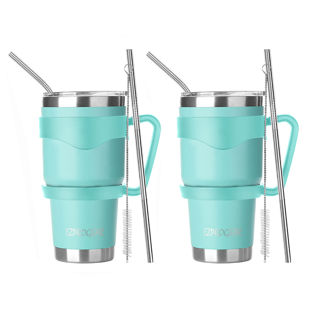 Ezprogear 30 oz Mint Stainless Steel Tumbler 2-Pack – Double Wall Vacuum Insulated Travel Mug with Handle, Straws & Slider Lid