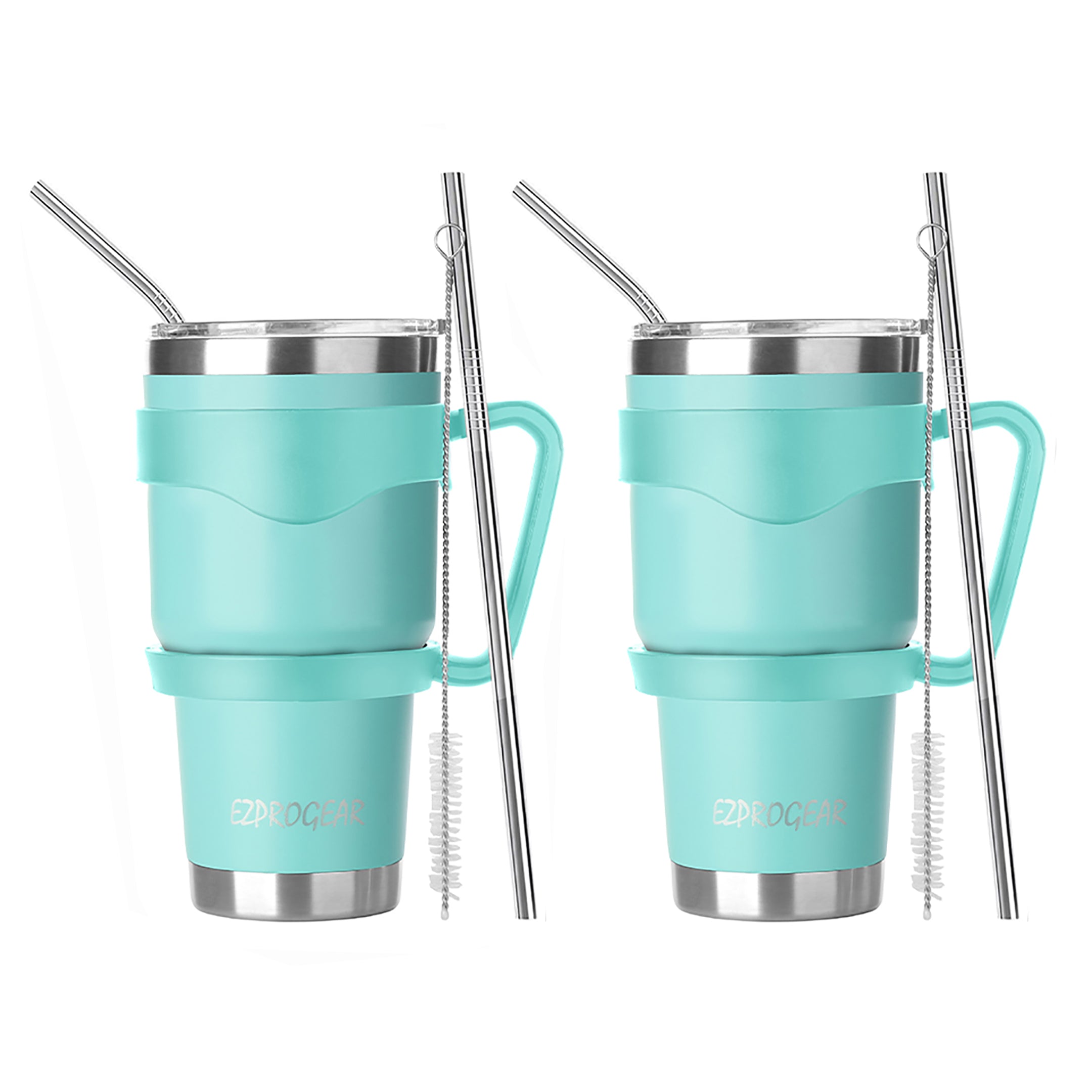 Ezprogear 30 oz Mint Stainless Steel Tumbler 2-Pack – Double Wall Vacuum Insulated Travel Mug with Handle, Straws & Slider Lid