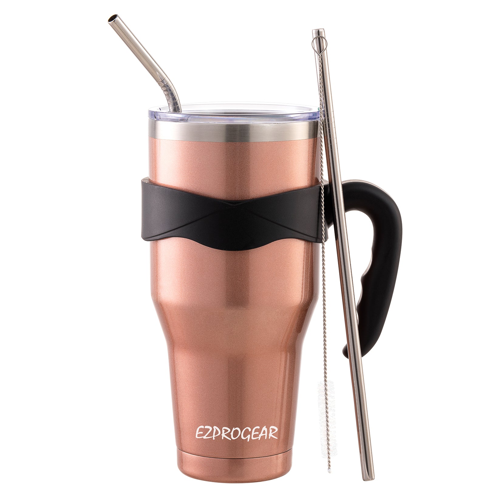Ezprogear 40 oz Rose Gold Stainless Steel Tumbler with Handle – Vacuum Insulated Travel Mug with Straws & Canvas Bag