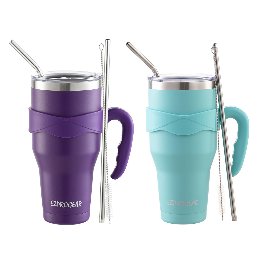 Ezprogear 40 oz Stainless Steel Tumbler 2-Pack (Mint & Purple) – Vacuum Insulated Travel Mug with Handle & Straws