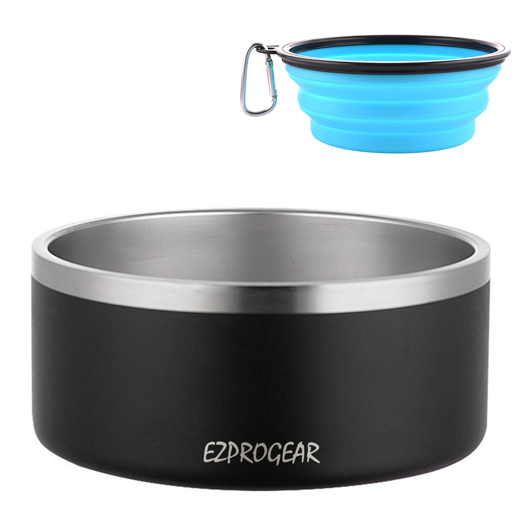 Ezprogear 64 oz Stainless Steel Dog Bowl - Double Wall Insulated Pet Bowl with Non-Slip Bottom & Collapsible Travel Bowl