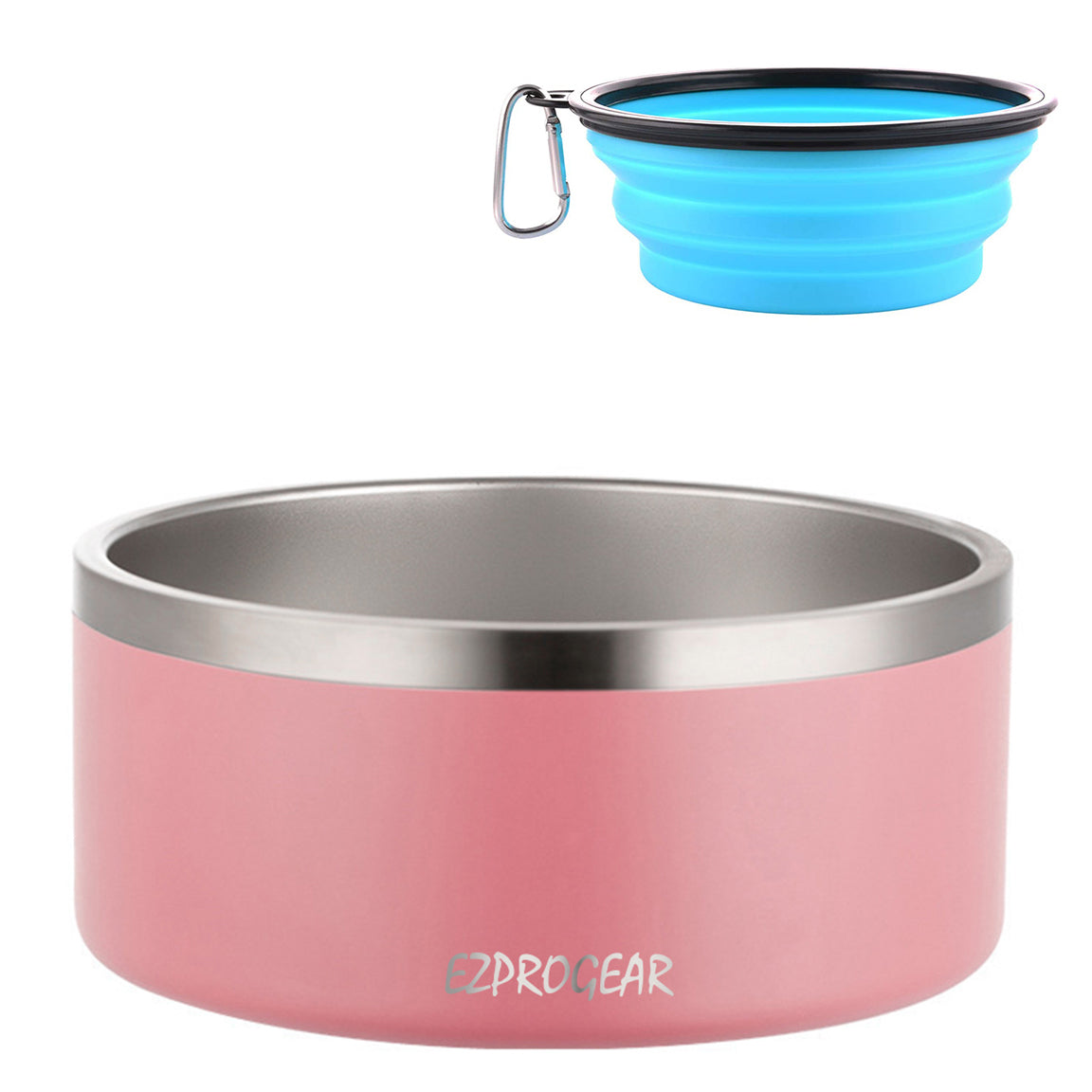 Ezprogear 64 oz Stainless Steel Dog Bowl - Double Wall Insulated Pet Bowl with Non-Slip Bottom & Collapsible Travel Bowl