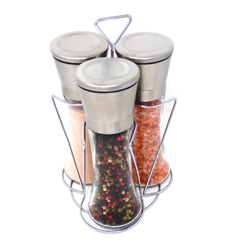 Ezprogear Salt and Pepper Grinder Set of 3 - Adjustable Ceramic Mill with Stand