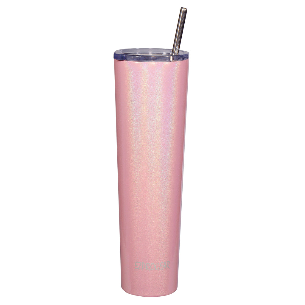 Ezprogear 34oz Slim Skinny Tumbler with Lid & Straw Kit - Vacuum Insulated Stainless Steel (Glitter Carnation))