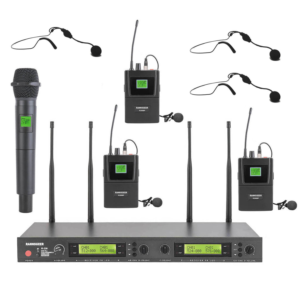 Rannsgeer UHF R288HL3 4-Channel Wireless Microphone Combo System w/ 1 Handheld & 3 Headset ,3 Lapel