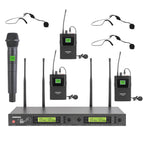 Rannsgeer UHF R288HL3 4-Channel Wireless Microphone Combo System w/ 1 Handheld & 3 Headset ,3 Lapel