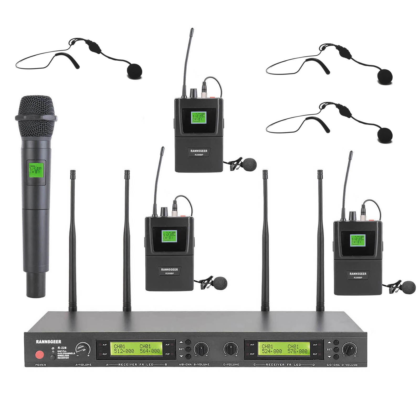 Rannsgeer UHF R288HL3 4-Channel Wireless Microphone Combo System w/ 1 Handheld & 3 Headset ,3 Lapel