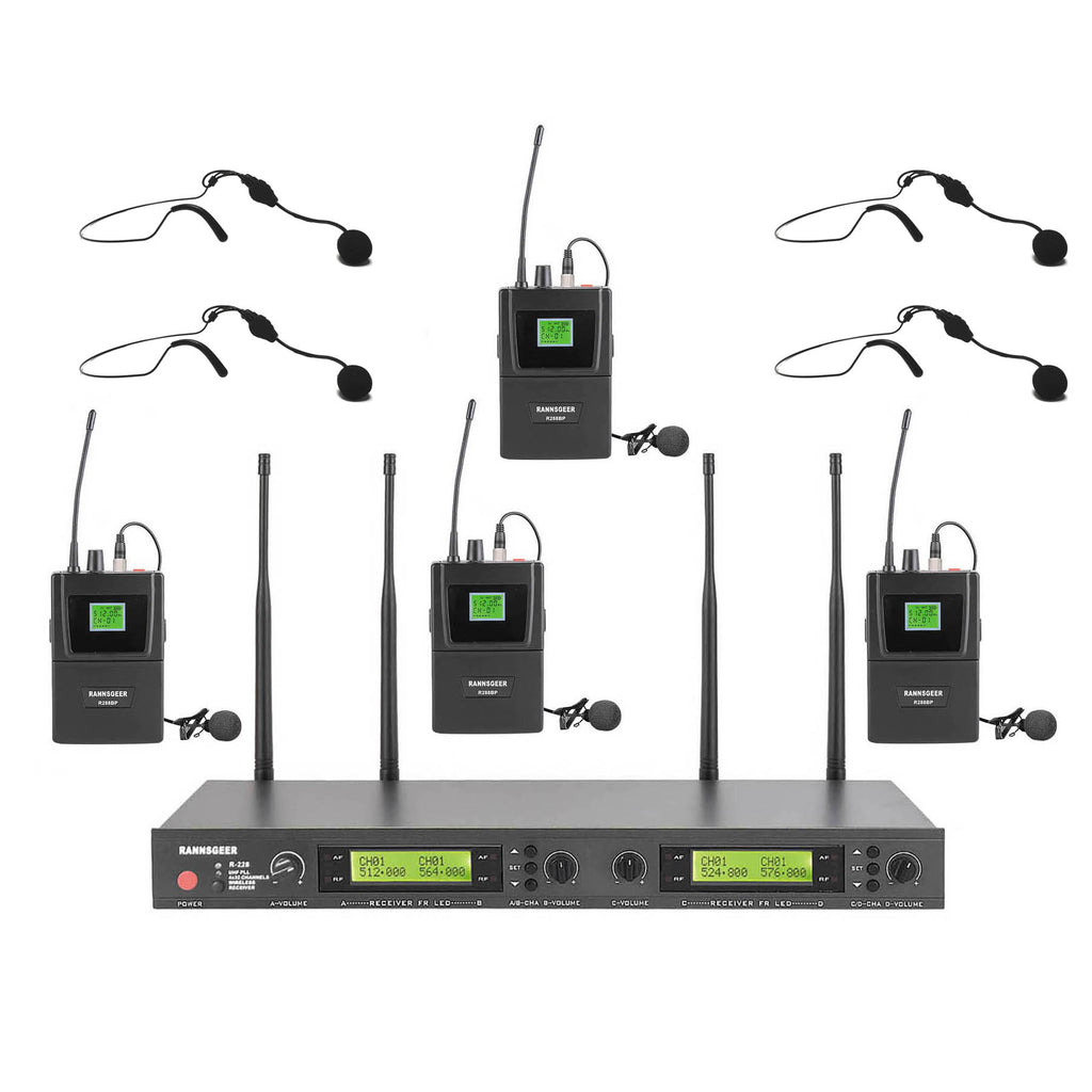 Rannsgeer R288UHL 4-Channel UHF Wireless Microphone Combo Kit - 4 Headset & 4 Lapel Mics