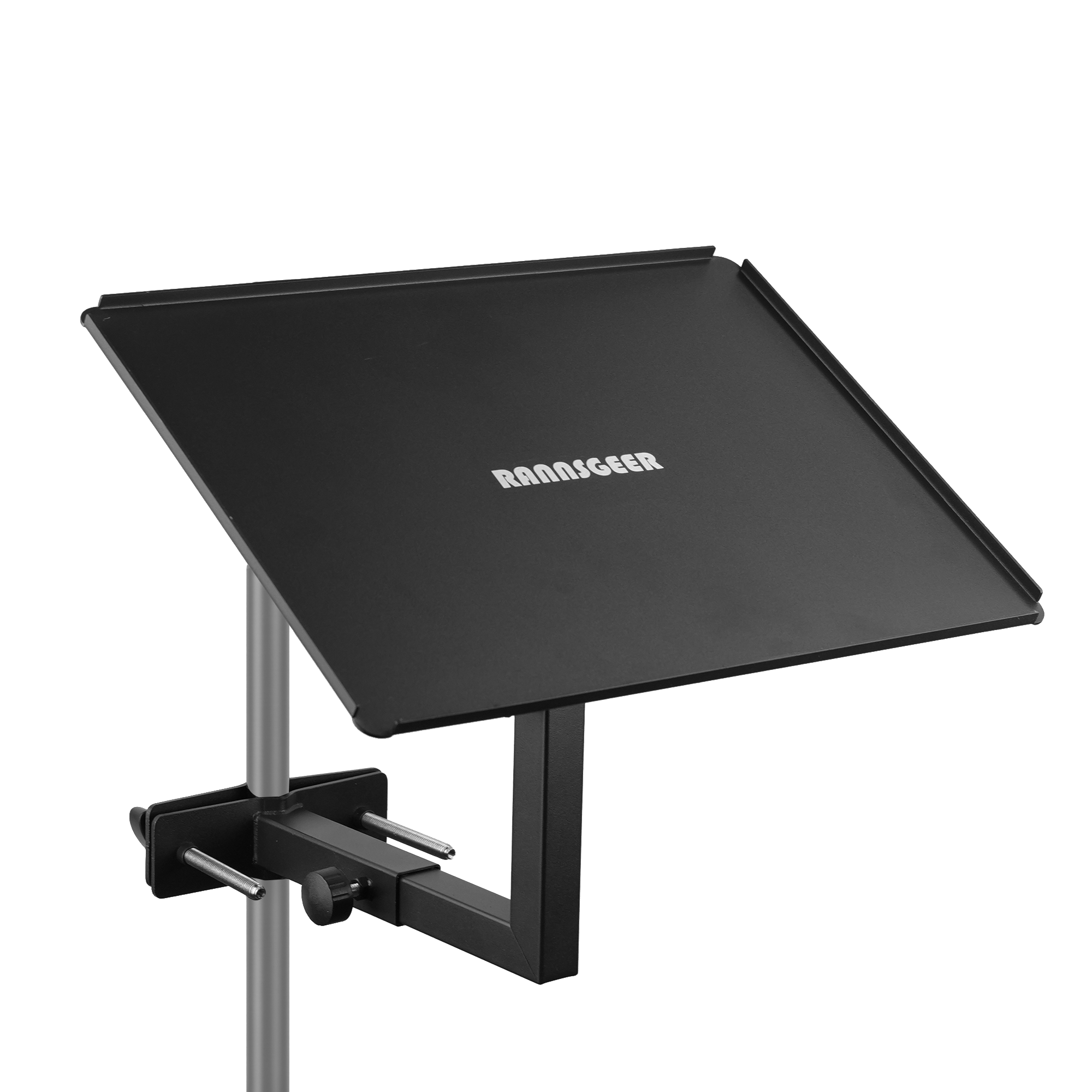Rannsgeer Laptop Tray Mount for Speaker Stands & Treadmills | 360° Swivel & Tilt Clamp