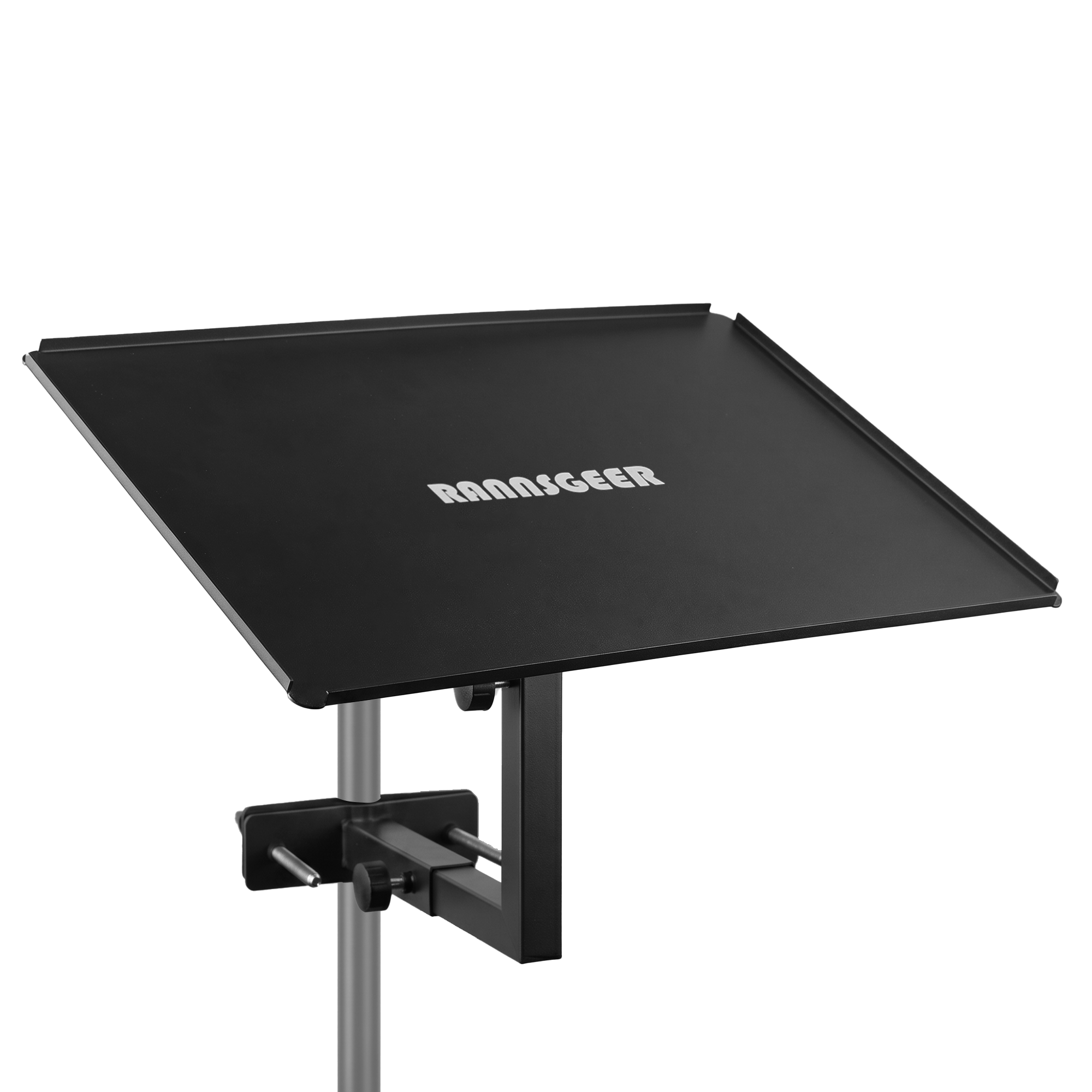 Rannsgeer Laptop Tray Mount for Speaker Stands & Treadmills | 360° Swivel & Tilt Clamp
