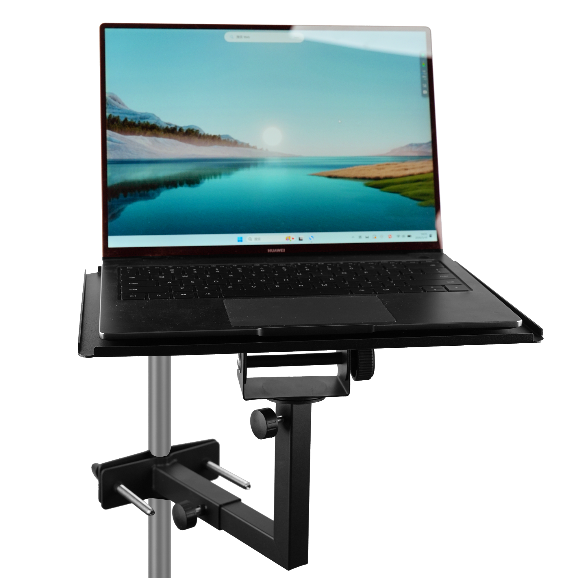 Rannsgeer Laptop Tray Mount for Speaker Stands & Treadmills | 360° Swivel & Tilt Clamp