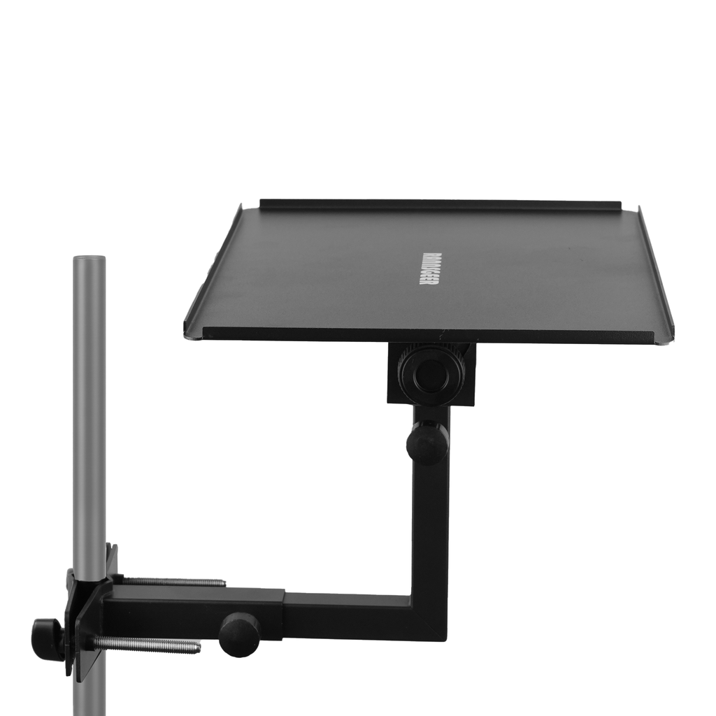 Rannsgeer Laptop Tray Mount for Speaker Stands & Treadmills | 360° Swivel & Tilt Clamp