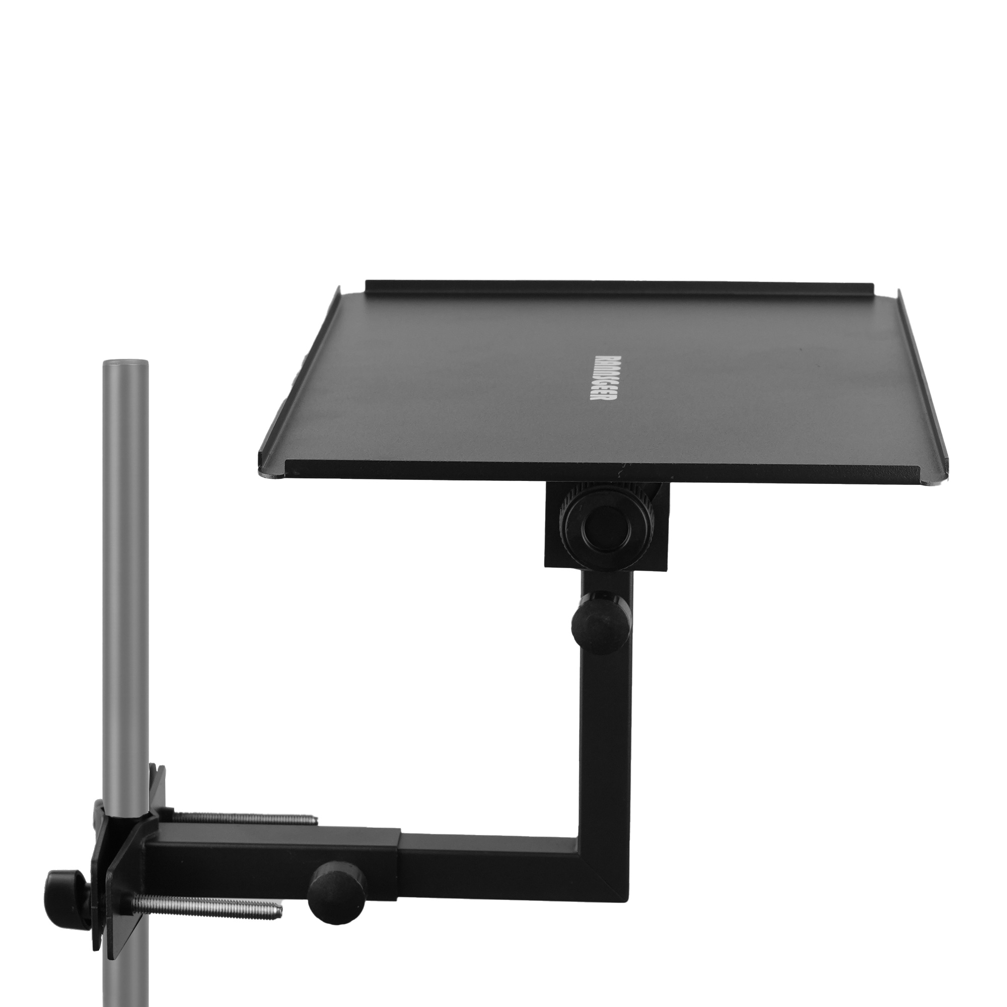 Rannsgeer Laptop Tray Mount for Speaker Stands & Treadmills | 360° Swivel & Tilt Clamp