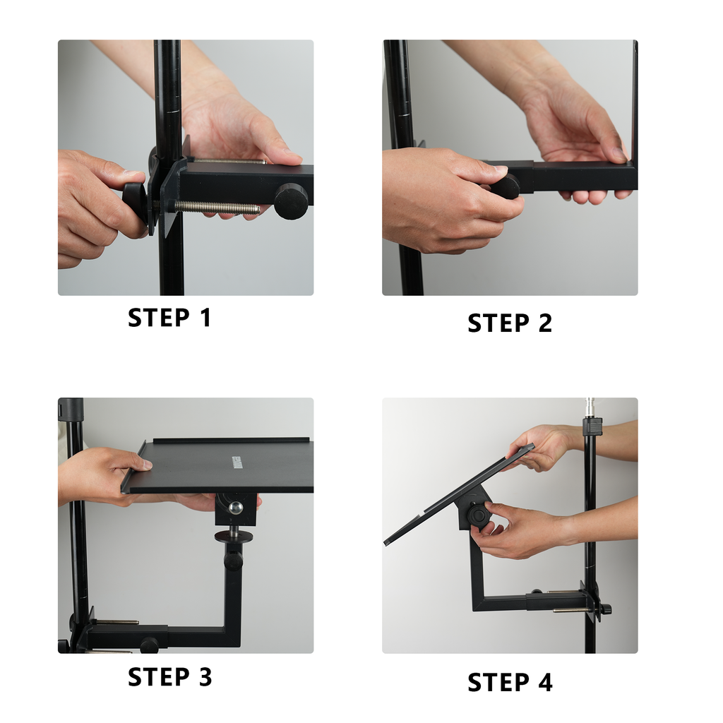 Rannsgeer Laptop Tray Mount for Speaker Stands & Treadmills | 360° Swivel & Tilt Clamp
