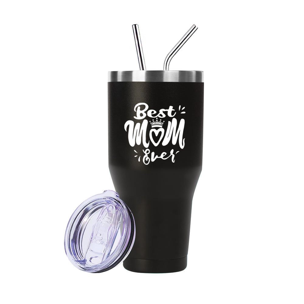 Ezprogear 40 oz Stainless Steel Insulated Tumbler – Best Mom Ever Gift, Black Travel Mug with Straw