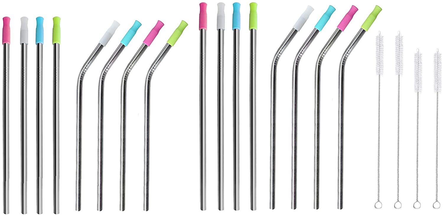 Ezprogear 8 mm set of 16 Metal Stainless Steel Reusable Drinking Wide Straws for Smoothies and Milkshake with Tips and Canvas Bag (4L+4LB+4M+4MB)