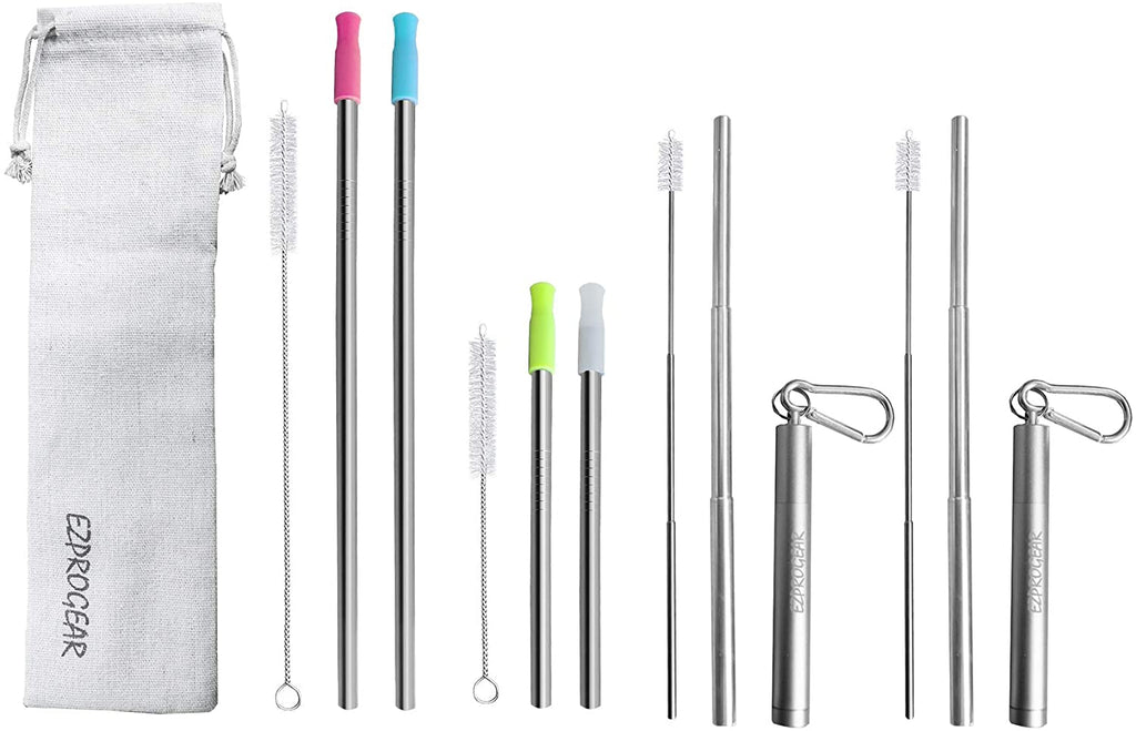Ezprogear Metal Stainless Steel Wide Straws with Silicone Tips Collapsible Straw and 8mm Reusable Drinking Straw