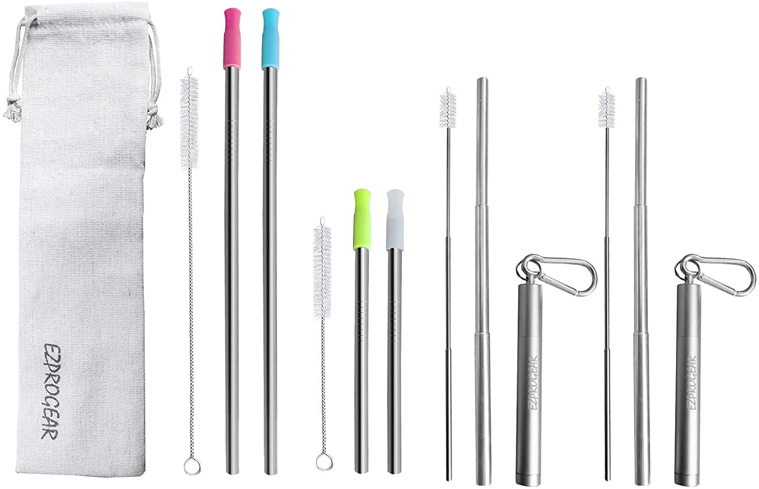 Ezprogear Metal Stainless Steel Wide Straws with Silicone Tips Collapsible Straw and 8mm Reusable Drinking Straw