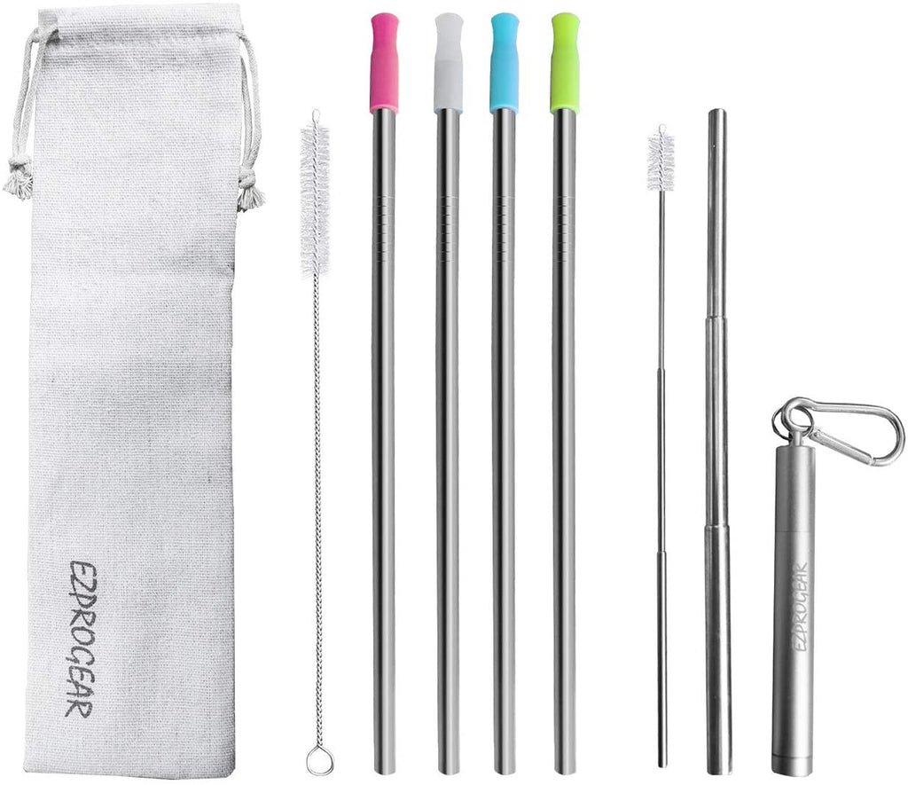 Ezprogear Metal Stainless Steel Wide Straws with Silicone Tips Collapsible Straw and 8mm Reusable Drinking Straw