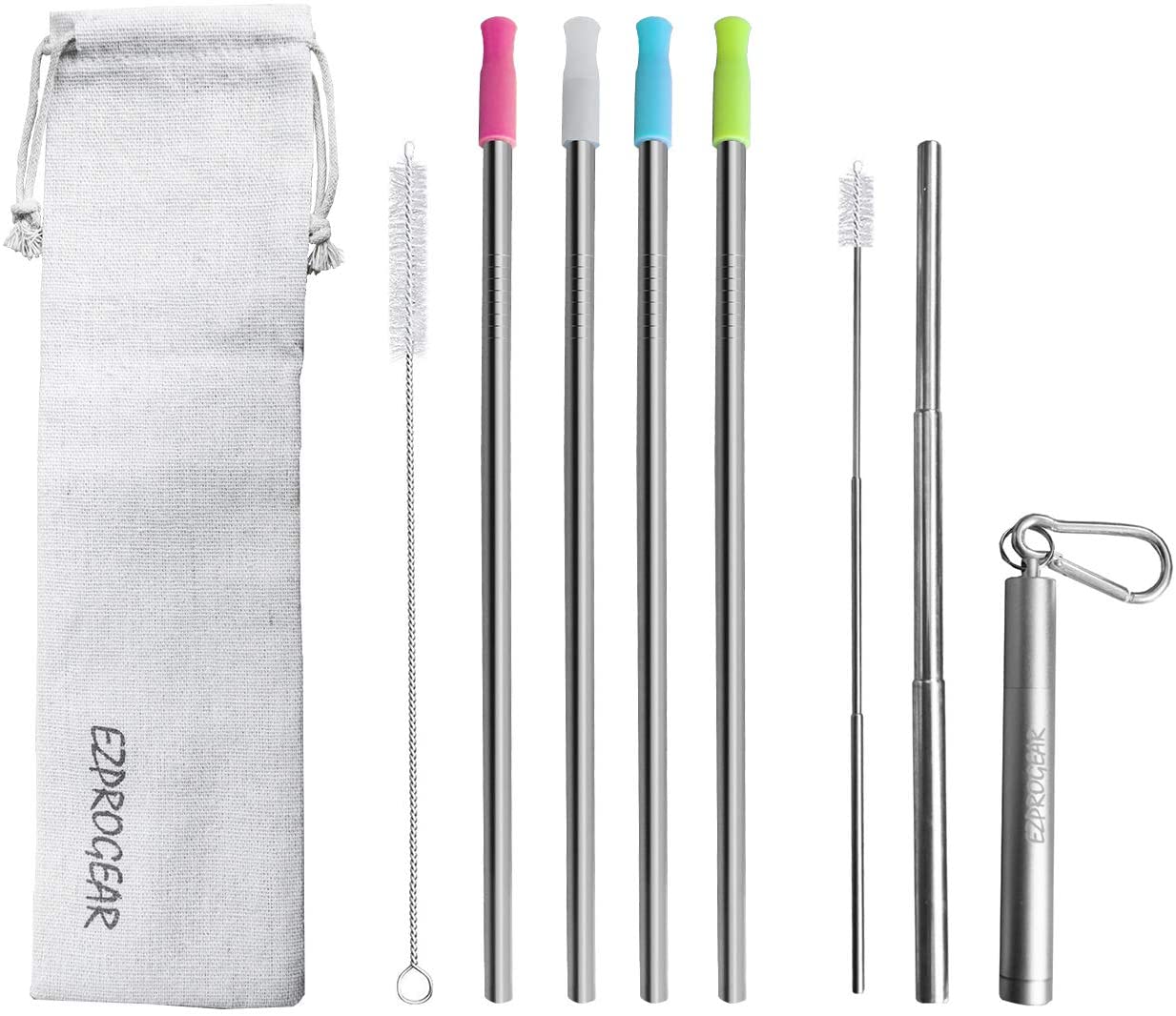 Ezprogear Metal Stainless Steel Wide Straws with Silicone Tips Collapsible Straw and 8mm Reusable Drinking Straw