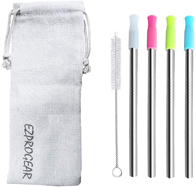 Ezprogear 8mm Wide Straws 5.75 inch Short Stainless Steel Reusable Drinking Straw with Tips and Canvas Bag (4 Short)