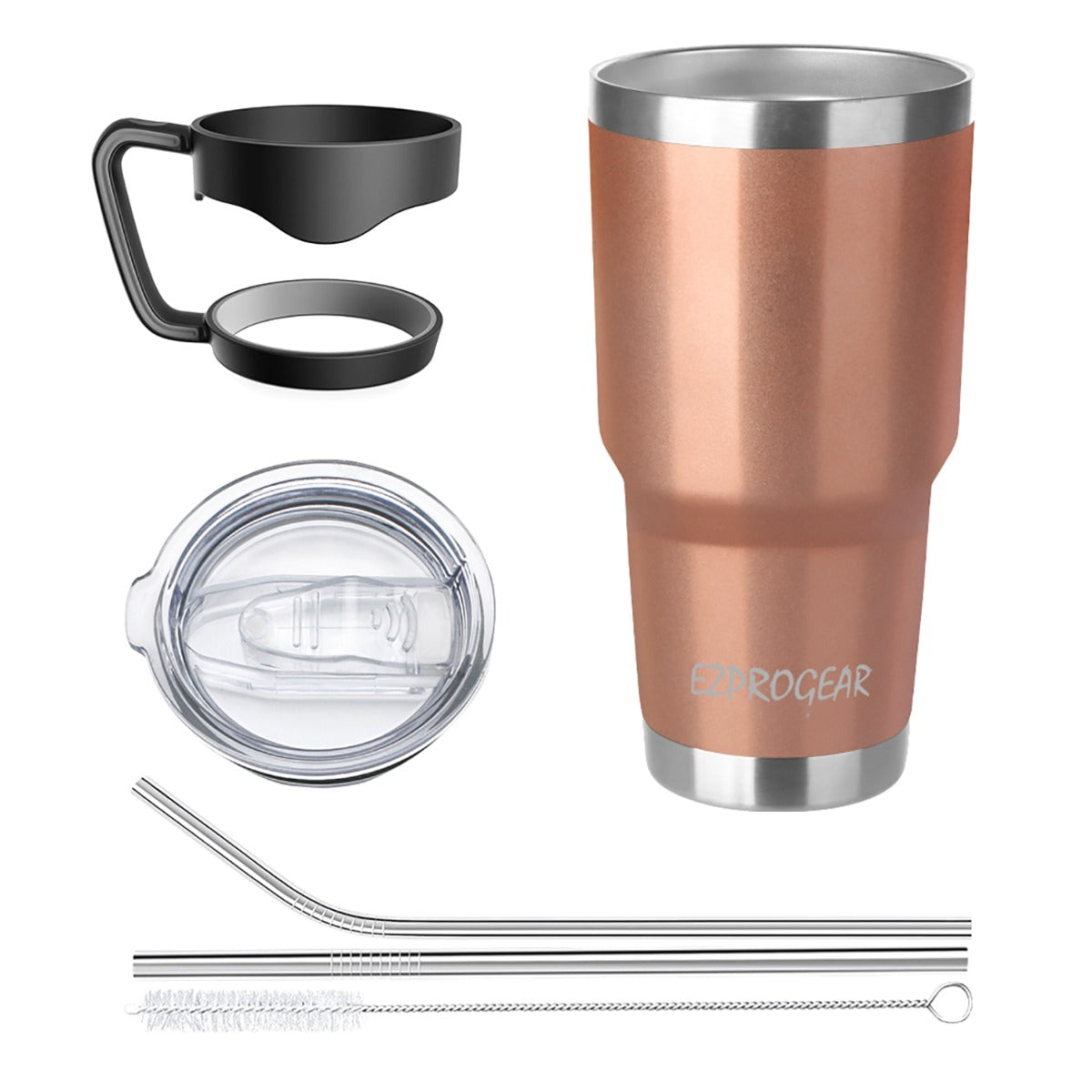 Ezprogear 30 oz Rose Gold Stainless Steel Tumbler Double Wall Vacuum Insulated with Straws and Handle