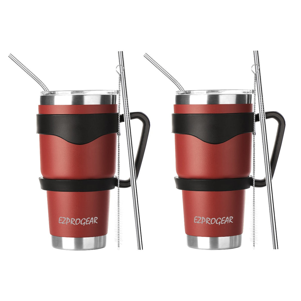 Ezprogear 30 oz Cherry Stainless Steel Tumbler 2-Pack – Double Wall Vacuum Insulated Travel Mug with Handle, Straws & Slider Lid