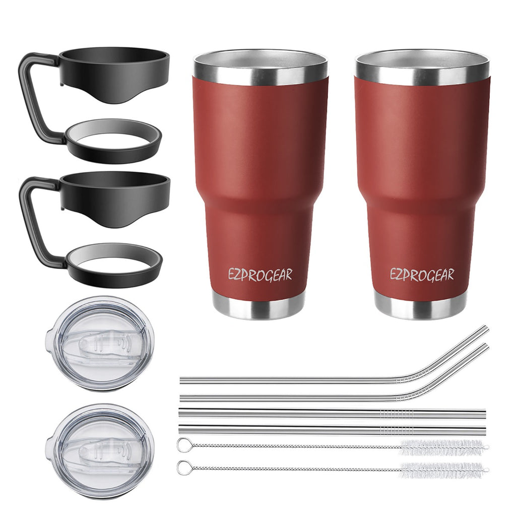 Ezprogear 30 oz Cherry Stainless Steel Tumbler 2-Pack – Double Wall Vacuum Insulated Travel Mug with Handle, Straws & Slider Lid