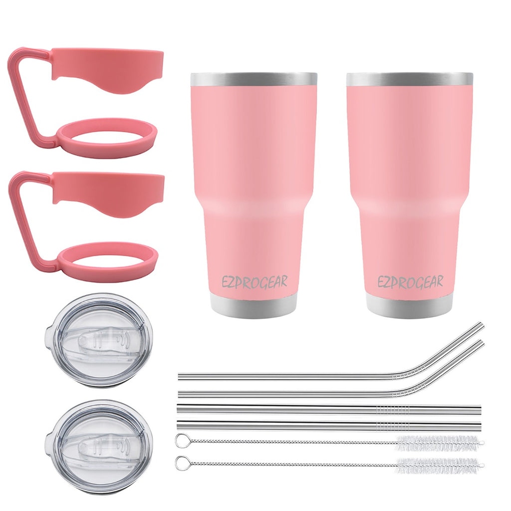 Ezprogear 30 oz Pink Stainless Steel Tumbler 2-Pack – Double Wall Vacuum Insulated Travel Mug with Handle, Straws & Slider Lid