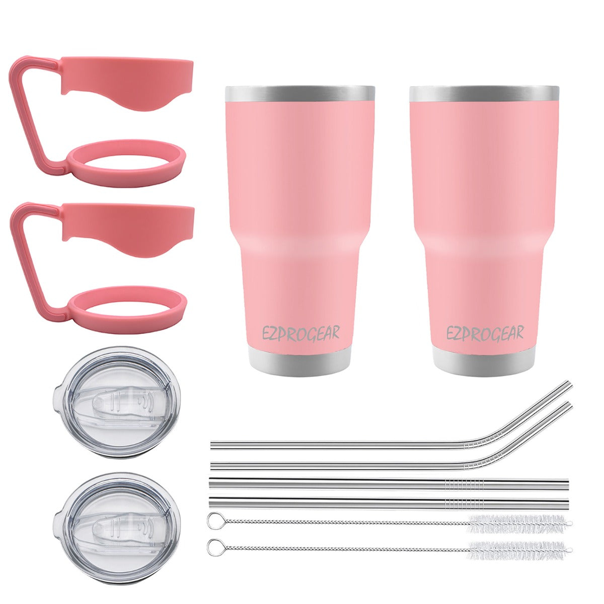 Ezprogear 30 oz Pink Stainless Steel Tumbler 2-Pack – Double Wall Vacuum Insulated Travel Mug with Handle, Straws & Slider Lid