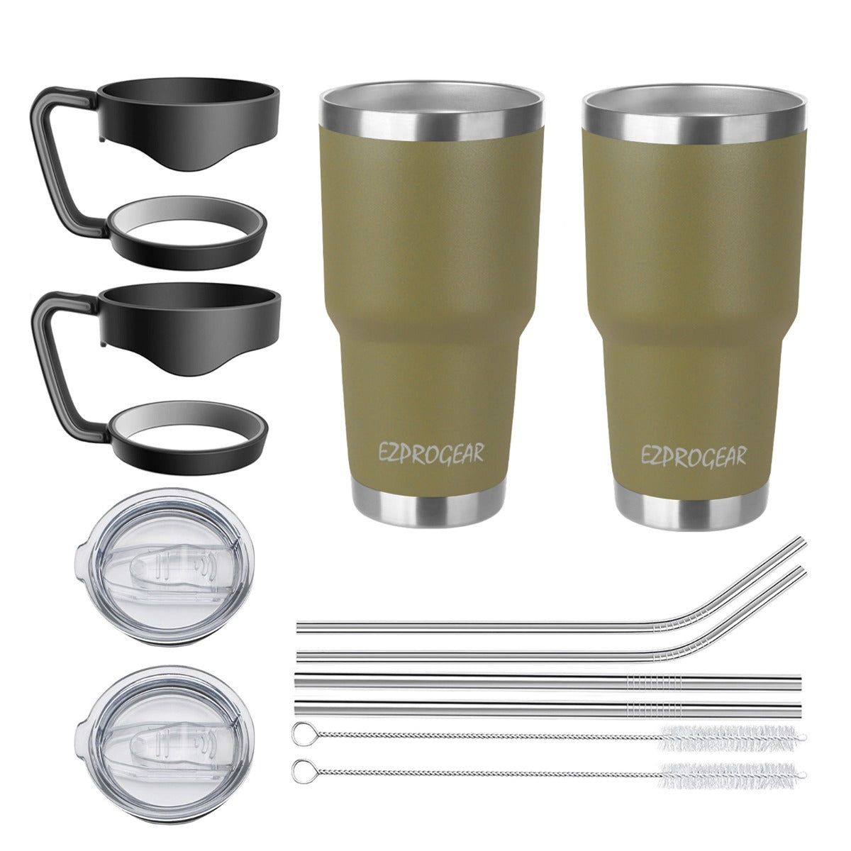 Ezprogear 30 oz Olive Green Stainless Steel Tumbler 2-Pack – Double Wall Vacuum Insulated Travel Mug with Handle, Straws & Slider Lid